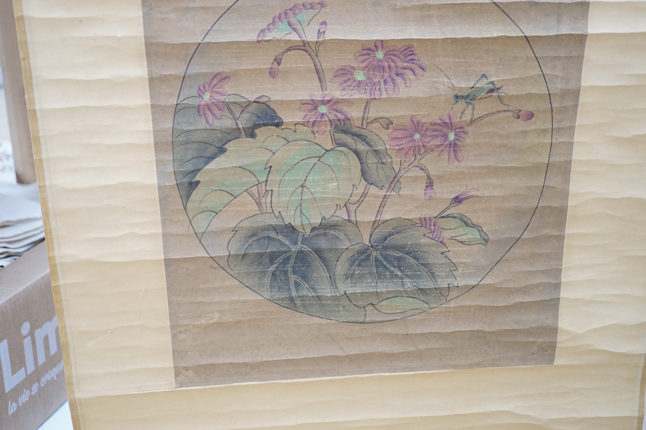 A pair of Chinese scroll pictures. Condition - fair